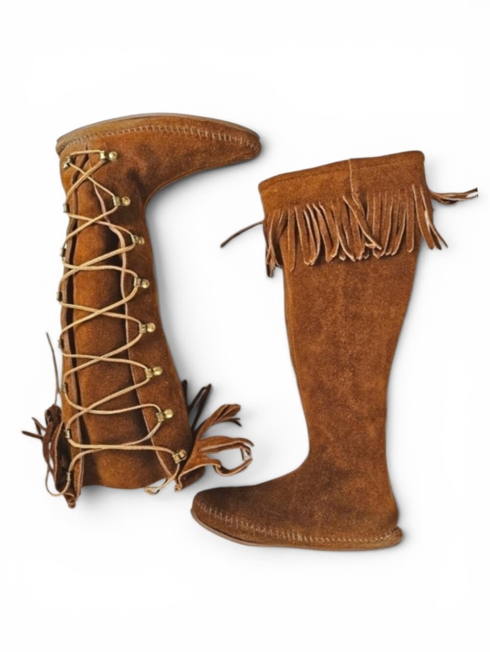 Vintage Suede Lace Up Moccasin Fringe Boots in Umber Brown Women's Size 5 - Picture 2 of 12